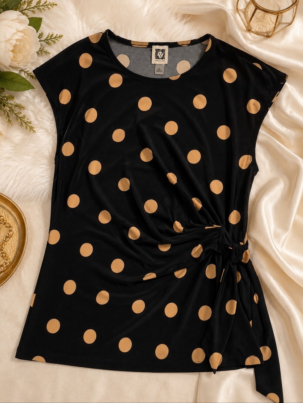Anne Klein Polka Dot Side Tie Draped Blouse Black Tan Size M NWOT